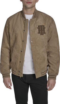 Tommy Hilfiger Mens Faux Suede Logo Varsity Bomber, Tan, M