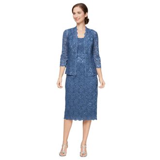 S.L. Fashions Womens Tea Length Sequin Lace Mother of The Bride Dress with Illusion Sleeve Jacket (Plus Size), Wedgewood, 18