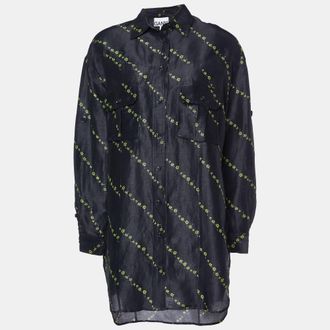Ganni Ganni Black Floral Print Linen & Silk Button Front Shirt S