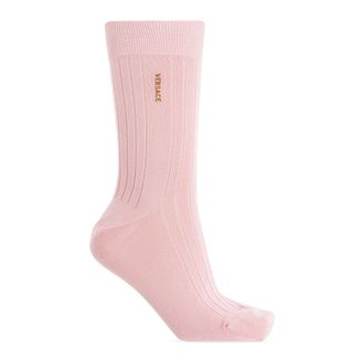 Versace Socks, female, Pink, Size: S Embroidered Cotton Ribbed Socks