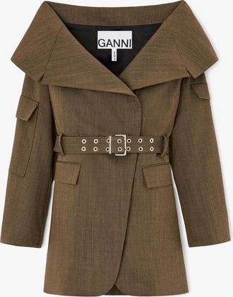 Ganni Canteen Blazer in Brown Wool Melange - Size 10/12 Recycled