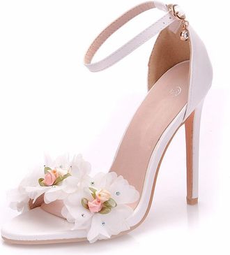 Generic White,7.5 UK,Womens Flower Sandals Peep Open Toe Ankle Strap High Stiletto Heel Pumps Wedding Party Prom Dance Dress Shoes