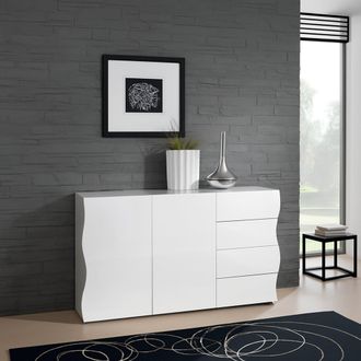 Dmora Aparador Ondulado, Aparador De Dise&ntilde;o Con 2 Puertas Y 4 Cajones, Made In Italy, Mueble Para Tv, Buffet De Sal&oacute;n, 124x40h81 Cm, Color Blanco Brillante,