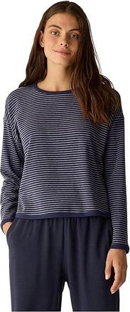 Eileen Fisher Striped Cozy Brushed Terry Round Neck Cropped Box Top Womens Sweater Ink : MD, Cotton/Elastane/Lyocell