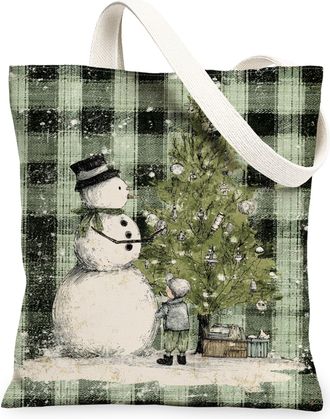 Generic Winter Snow Man Canvas Tote Bags, Festive Holiday Tree Print Reusable Grocery Bags, Lightweight Washable Shoulder Strap Can, Green, 13x15 Inch