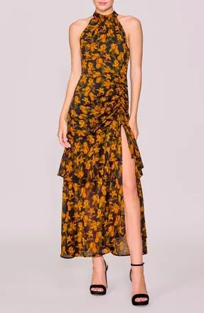 Melloday Floral Print Shirred Sleeveless Dress in Black Orange Floral at Nordstrom Rack, Size Large