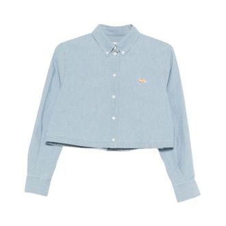Maison Kitsun&eacute; Overhemden, Dames, Blauw, L, Geborduurde Cropped Blouse