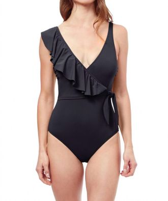 Gottex One Shoulder Ruffle V-Neck One Piece In Black