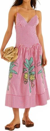 Farm Rio Palm Tree Cutwork Stripes Sleeveless Midi Dress In Multi