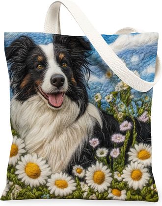Generic Spring Border Collie Dog Canvas Tote Bag for Shopping 13x15, Knitting Style Garden Puppy Reusable Grocery Print Pattern Bag for Women, Fun Pet Beach A