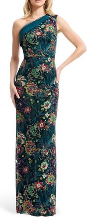 Dress The Population Sawyer Beaded Sequin One-Shoulder Gown in Peacock Blue Multi at Nordstrom, Size X-Large