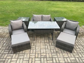 Fimous Rattan Outdoor Garden Furniture Set Rectangular Dining Table & Chair Sofa Set With 2 Side Tables in Dark Grey
