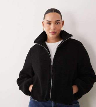 New Look Plus New Look Curve giacca in pile borg nera con zip-Nero