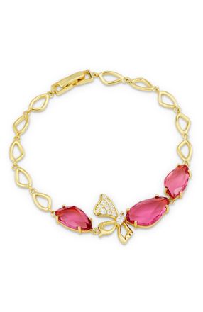Savvy Cie Jewels GOLD PLATED OVER BRASS PINK GLASS AND WHITE CZ BRACELET