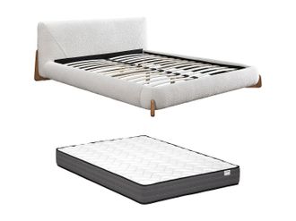 Vente-Unique Cama 180 x 200 cm - Tela rizada - Blanco y natural + Colch&oacute;n - GAMURA