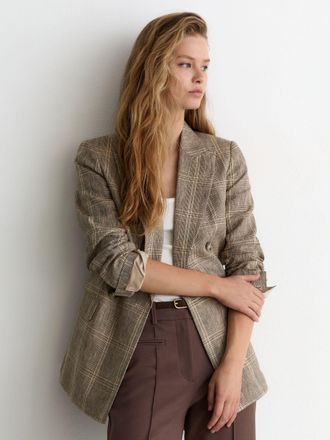 Reiss Neutral Check Linen Double-breasted Blazer, 10