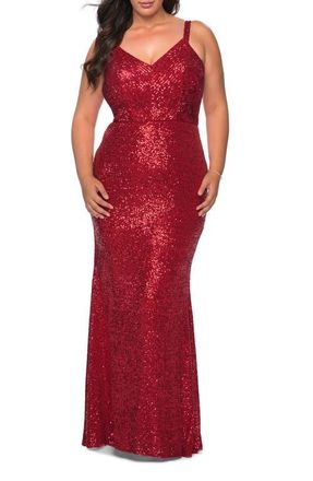 La Femme Sequined Curvy Dress with Criss Cross Back in Red at Nordstrom, Size 12W