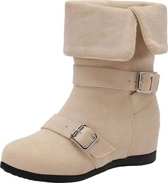 Generic Womens Retro Mid Calf Boots Round Toe Hidden Wedge Increasing Heel Slip On With A Decorative Side Buckle