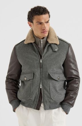 Brunello Cucinelli Bonded cashmere beaver cloth and nappa leather bomber jacket with Thermore padding and detachable shearling collar in Medium