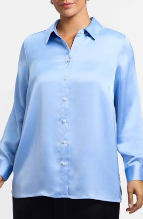 Foxcroft Bianca Satin Button-Up Shirt in Bel Air Blue at Nordstrom, Size 1X