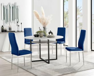 Furniturebox Adley Grey Concrete Effect Round Dining Table & 4 Velvet Milan Chairs in Navy