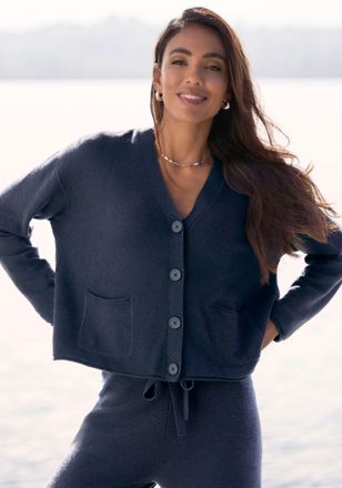 Elbsand Strickjacke ELBSAND, Damen, Gr. 32/34, marine, Feinstrick, Obermaterial: 55% Baumwolle, 45% Nylon, unifarben, figurumspielend h&uuml;ftlang, tiefer V-Aussc