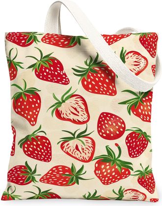 Generic Strawberry Canvas Tote Bags, Fruit Pattern Reusable Grocery Bags, Spring Floral Vintage Lightweight Washable Shoulder Strap, Natural, 13x15 Inch