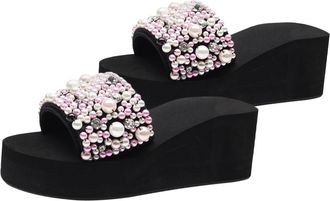 SOLUSTRE Wedge Slipper for Women Summer Pearl Embellished Anti-slip Thick Sole Beach Footwear Comfortable Stylish Female Outdoor Wear Pink Heel