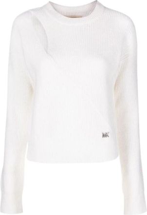 Michael Kors Gebreide Top met Metallic Logo in de Hals - Dames - Ronde hals truien - Beige - S - Truien & Vesten