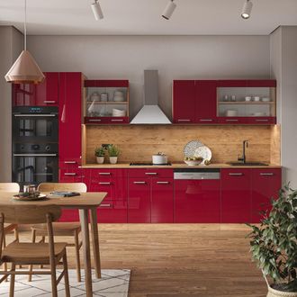 Vicco Mueble De Cocina R-line, Burdeos Brillo Intenso/roble Dorado, 350 Cm Con Armario Alto, Sin Encimera