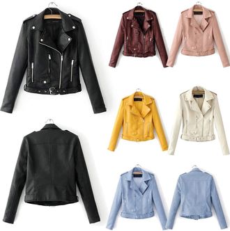 Generic Leather Jacket For Women Fashion Biker Jacket Real Leather Biker Jacket Soft Casual Pu Moto Biker Jacket Classic Cropped Jacket Coat Full Zip With Wai