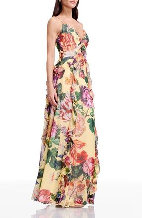Dress The Population Jayden Floral Ruffle A-Line Gown in Golden Floral Multi at Nordstrom, Size Xx-Large