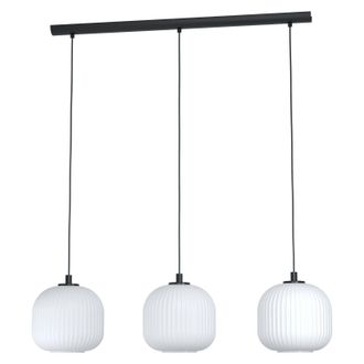 Loops Pendant Ceiling 3 Bulb Light Colour Black Shade White Ridged Glass E27 3x40W
