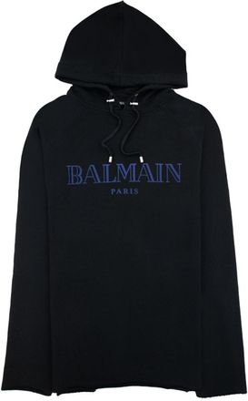 Balmain Mens Flocked Blue Printed Hoodie in Black - Size X-Large