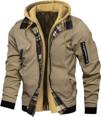 Generic Mens Winter Hooded Jacket - Fake Two-Piece Quilted Lined Zip Up Coat with Plaid Detail, Warm Casual Outerwear (Khaki, L)