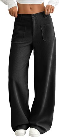 Generic Womens High Waist Wide Leg Pants Solid Colour Straight Fit Long Trousers with Front Pockets Button Closure Casual Everyday Style