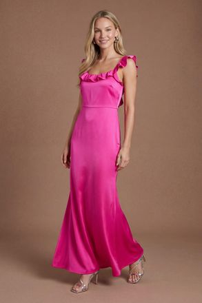 Oasis Womens Bright Pink Ruffle Square Neck Satin Bridesmaid Maxi Dress - Light Pink - Size 18 UK