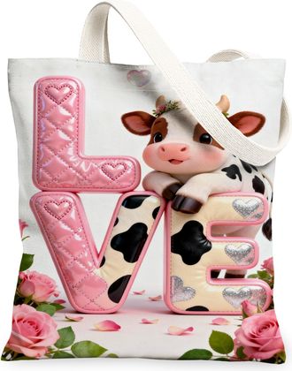 Generic Cute Cow Love Canvas Tote Bags, Floral Pattern Reusable Grocery Bags, Lightweight Washable Shoulder Strap Canvas for Shoppi, Peach, 13x15 Inch