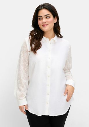 Sheego Langarmbluse SHEEGO, Damen, Gr. 40, beige (ecru), 55% Leinen, 45% Viskose, unifarben, Blusen Langarmbluse