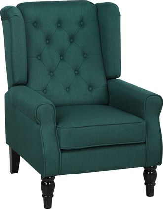 HOMCOM Accent Chair Wingback Armchair Tufted Club Wood Fabric, Dark Green