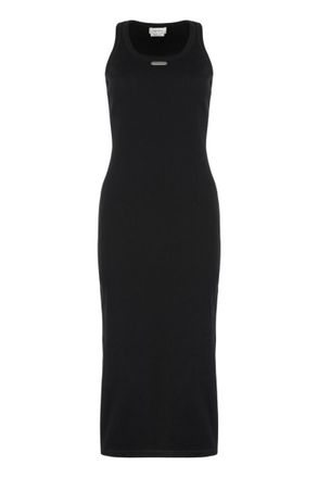 Alexander McQueen Black Textured Crew Neck Midi Dress