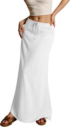 Generic Womens Linen Maxi Skirt Drawstring Low Rise Long Skirts, Cotton Linen Skirts for Women Summer Comfy A Line Long Flowy Skirt (White,XL)
