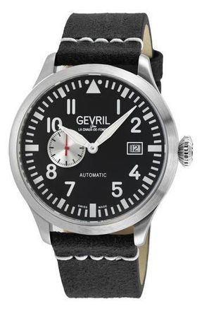 Gevril Group Vaughn Leather Strap Automatic Watch, 44mm in Black at Nordstrom Rack