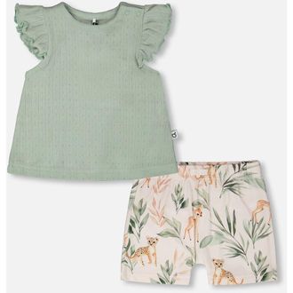 Deux par Deux Pointelle Top and Organic Cotton Jersey Peach Deer Printed Short Set in Green And Peach Deer Print at Nordstrom, Size 24M