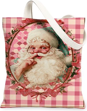 Generic Vintage Santa Canvas Tote Bags, Holiday Festive Design Reusable Grocery Bags, Lightweight Washable Shoulder Strap Canvas Fo, Peach, 13x15 Inch