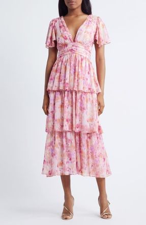 Lulus Eva Short Sleeve Tiered Chiffon Midi Dress in Fuchsia Multi at Nordstrom, Size X-Small