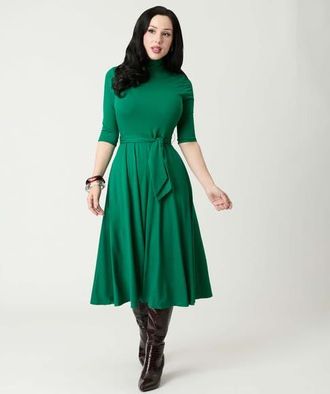 Unique Vintage 1950s Turtleneck Midi Dress in Green Solid at Nordstrom, Size X-Large
