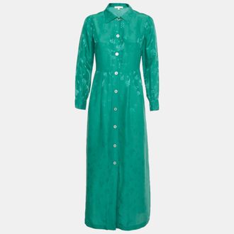 Maje Green Palm Tree Jacquard Sateen Midi Dress