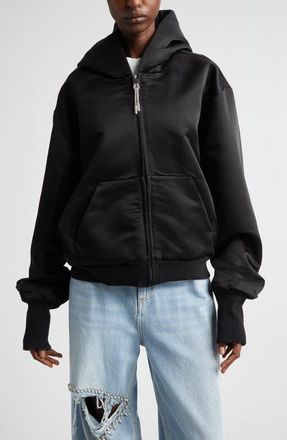 Area Crystal Knot Satin Full Zip Hoodie in Black at Nordstrom, Size X-Small