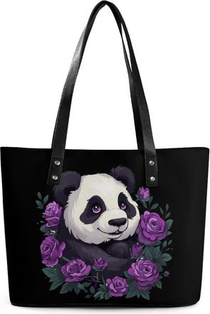 Generic Cute Panda Purple Flowers Tote Bags for Women Cute Shoulder Purses Handbags